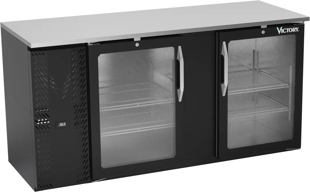 Victory VBBN68HC-G-B 68" Back Bar Refrigerator, 18.24 cu. ft., 2 Glass Doors, Black Exterior, Stainless Steel Interior