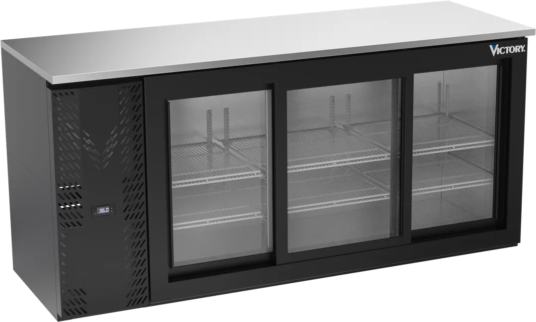 Victory VBBN72HC-F-GS-B 72" Back Bar Cooler, 3 Sliding Glass Doors, Black Exterior, Stainless Steel Interior, 19.618 cu. ft.