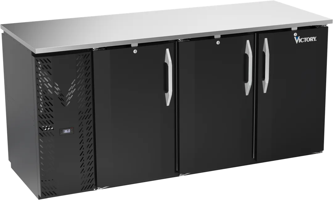 Victory VBBN72HC-F-PT-B Pass‑Thru Cooler 72"W×30"D×34"H 19.6 ft³ 6‑door 120° open R290 1/3 HP 115V