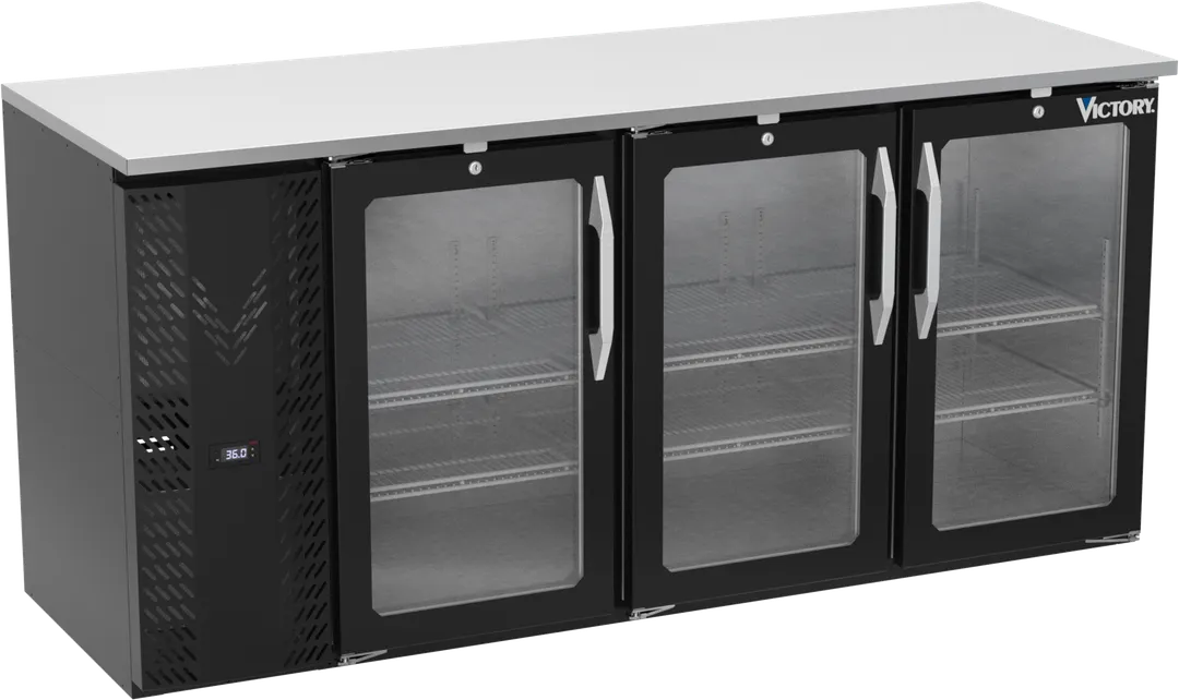Victory VBBN72HC-FG-B 72" Back Bar Cooler, 3 Glass Doors, 19.6 cu. ft., Black Exterior, Stainless Steel Interior