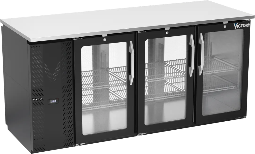 Victory VBBN72HC-FG-PT-B Pass‑Thru Back Bar Cooler 72"W 19.618 cu ft 6 Glass Doors Black 1/3 HP 115V