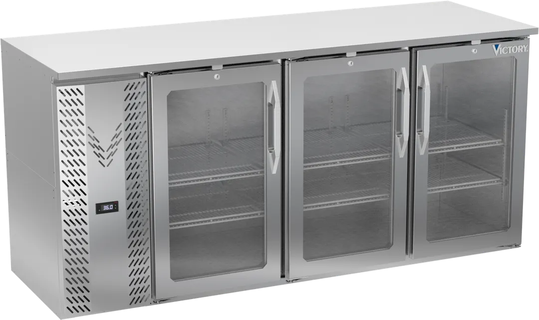 Victory VBBN72HC-FG-S 72" 3-Door Back Bar Refrigerator, 19.618 cu. ft., Stainless Steel, 3 Self-Closing Glass Doors, LED Lighting