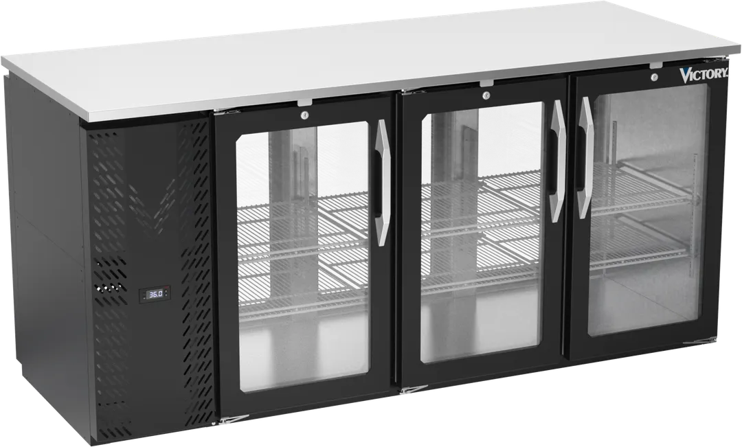 Victory VBBN72HC-G-PT-B 72" Pass-Thru Back Bar Refrigerator, 19.618 cu. ft., 6 Glass Doors, Black Exterior, Stainless Steel Interior