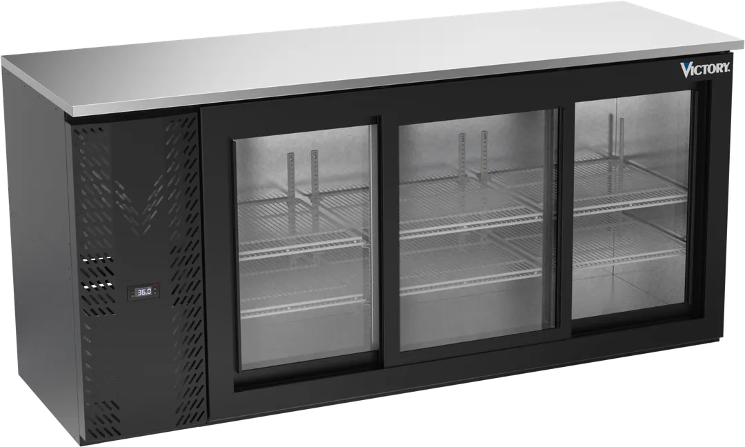 Victory VBBN72HC-GS-B 72" Back Bar Refrigerator, 3 Sliding Glass Doors, 19.6 cu. ft., Black Exterior, Stainless Steel Interior