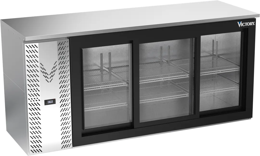 Victory VBBN72HC-GS-S 72" Stainless Steel Back Bar Cooler, 3 Sliding Glass Doors, 19.618 cu. ft., 115V