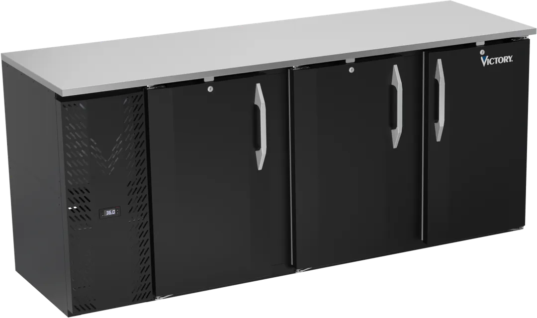Victory VBBN78HC-F-B 78" Back Bar Refrigerator, 3-Section, 21.7 cu. ft., Black Exterior, Stainless Steel Interior