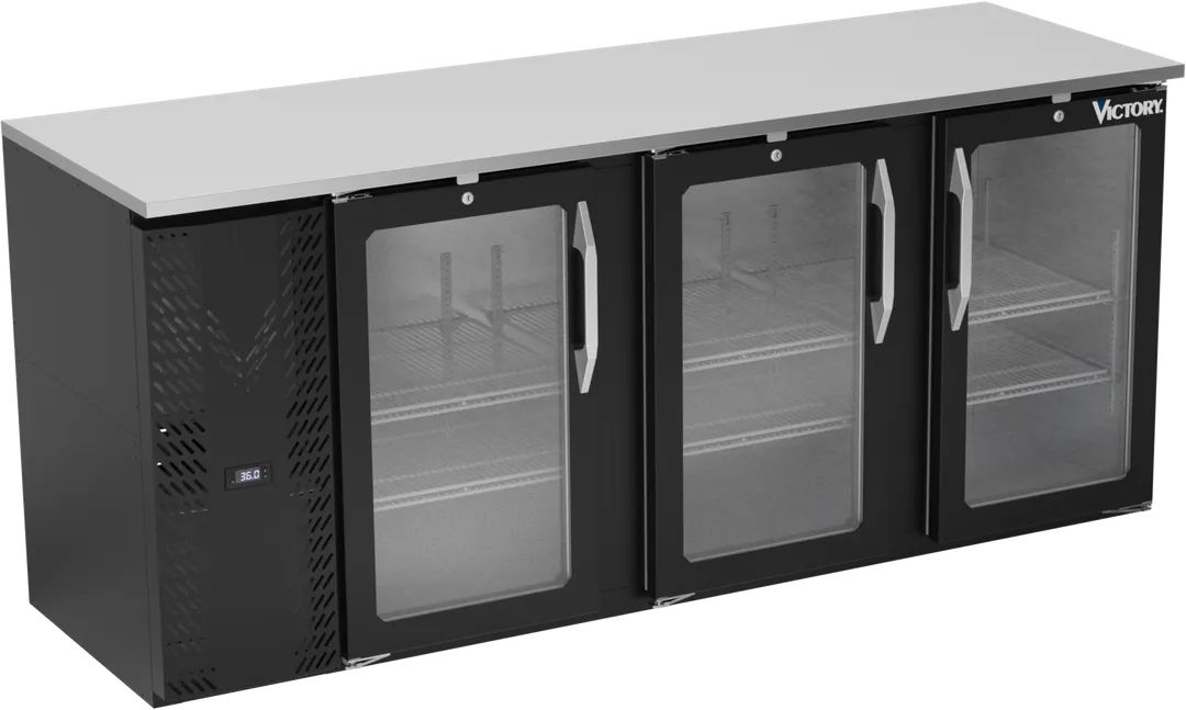 Victory VBBN78HC-FG-B 78" Back Bar Refrigerator, 3-Section, 21.7 cu. ft., Black Exterior, Stainless Steel Interior, Glass Doors