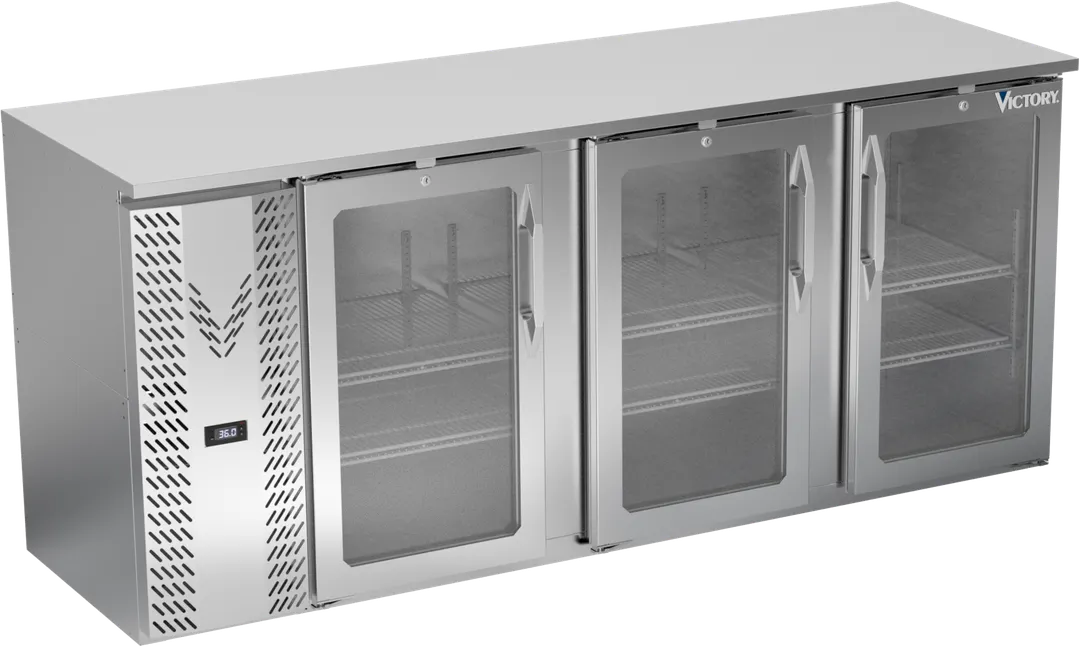 Victory VBBN78HC-FG-S 78" Three-Section Back Bar Cooler, Stainless Steel, 21.7 cu. ft., Glass Doors