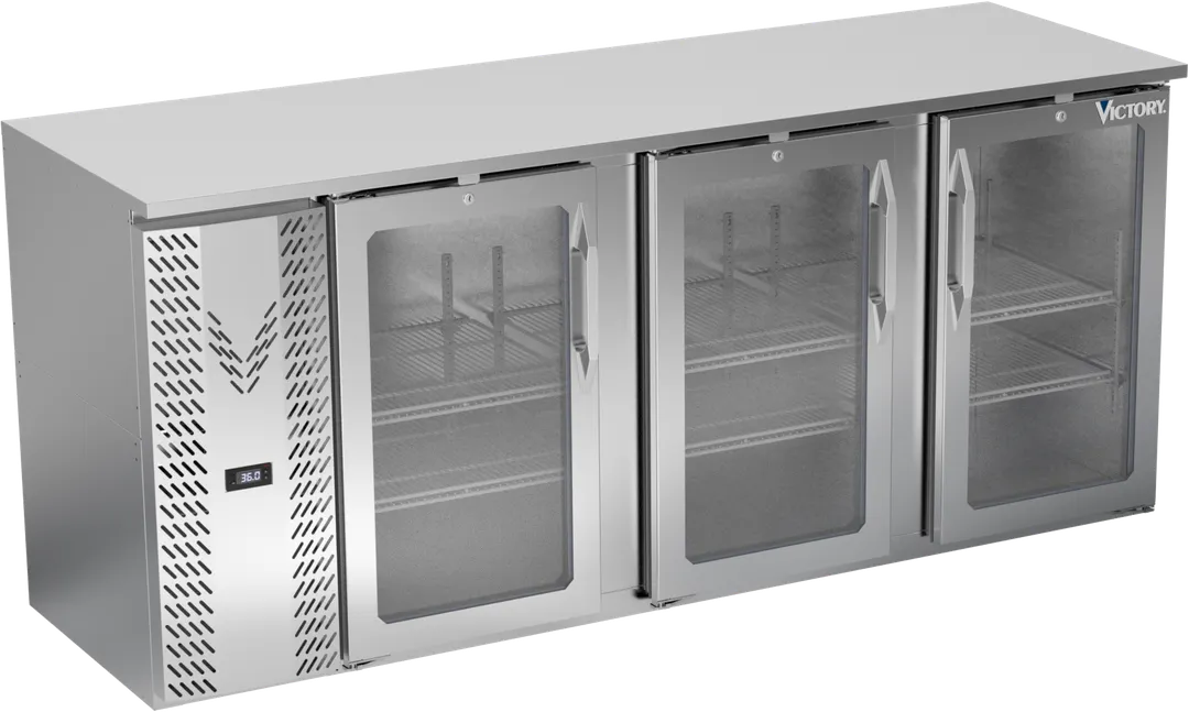 Victory VBBN78HC-G-S 78" Three-Section Back Bar Refrigerator, 21.7 cu. ft., Stainless Steel, Glass Doors