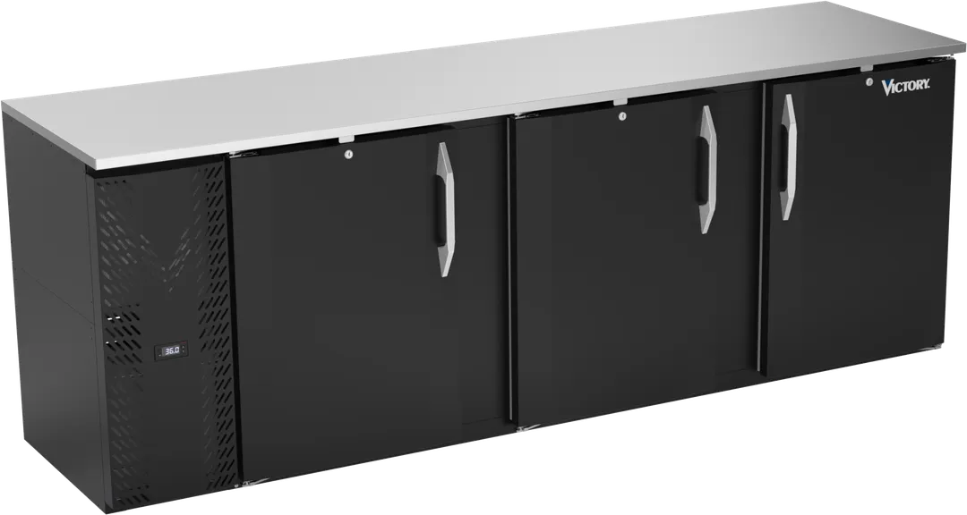 Victory VBBN94HC-F-B 94" Back Bar Cooler, 3-Section, 27.191 cu. ft., Black Exterior, Stainless Steel Interior
