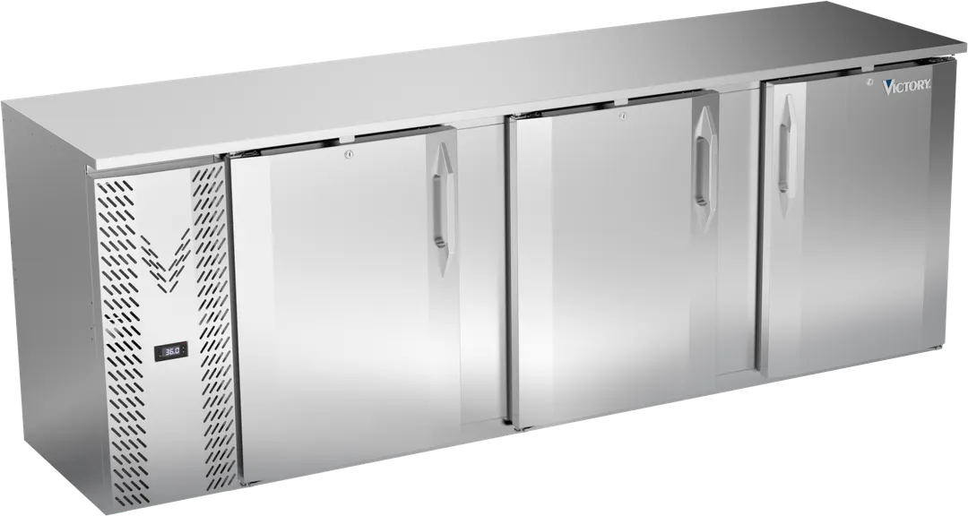 Victory VBBN94HC-F-S 94" Stainless Steel Back Bar Cooler, 3-Section, 27.2 cu. ft., 3 Solid Self-Closing Doors, LED Lighting