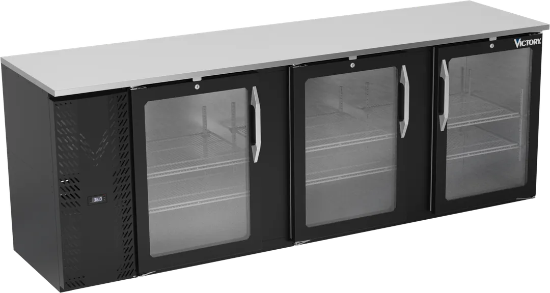 Victory VBBN94HC-FG-B 94" Back Bar Cooler, 3-Section, 27.2 cu. ft., Black Exterior, Stainless Steel Top, 3 Glass Doors