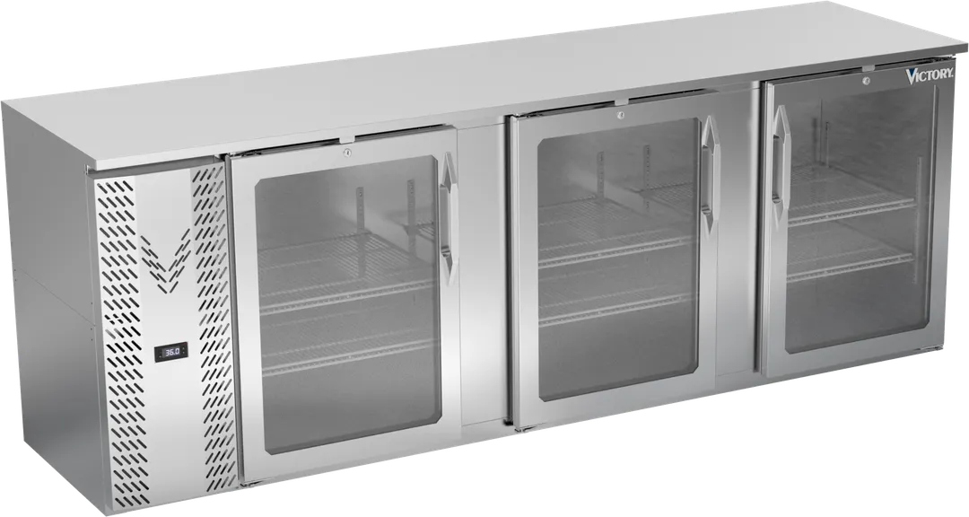 Victory VBBN94HC-FG-S 94" 3-Door Back Bar Refrigerator, 27.191 cu. ft., Stainless Steel, 3 Self-Closing Glass Doors, LED Lighting