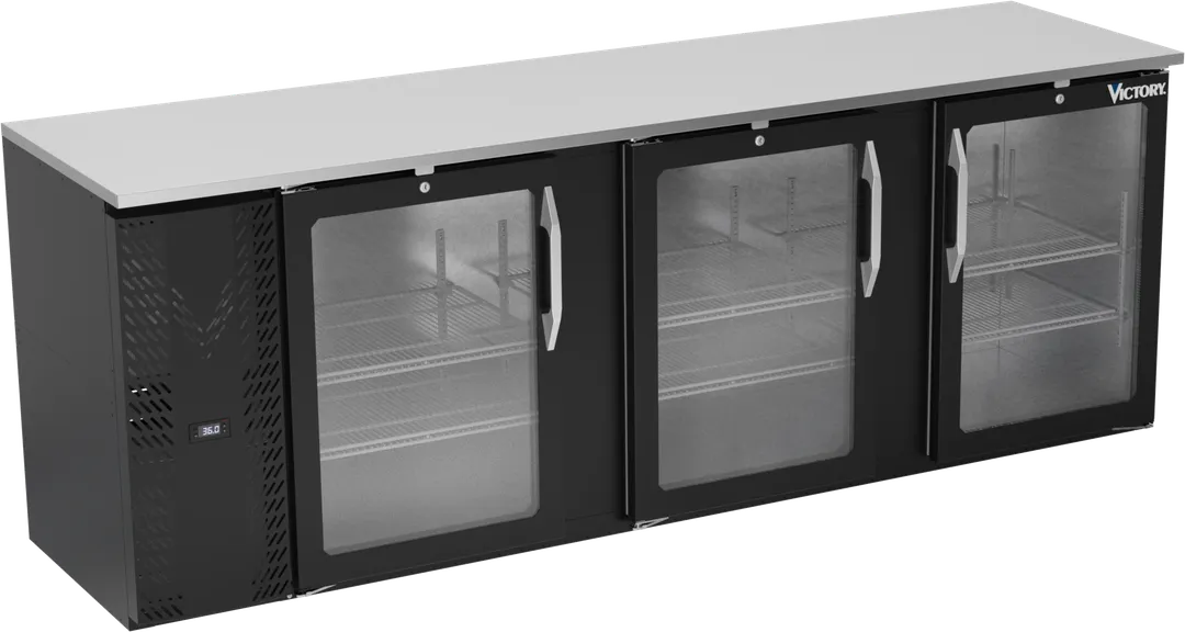 Victory VBBN94HC-G-B 94" Back Bar Refrigerator, 3-Section, 27.191 cu. ft., Black Exterior, Stainless Steel Top