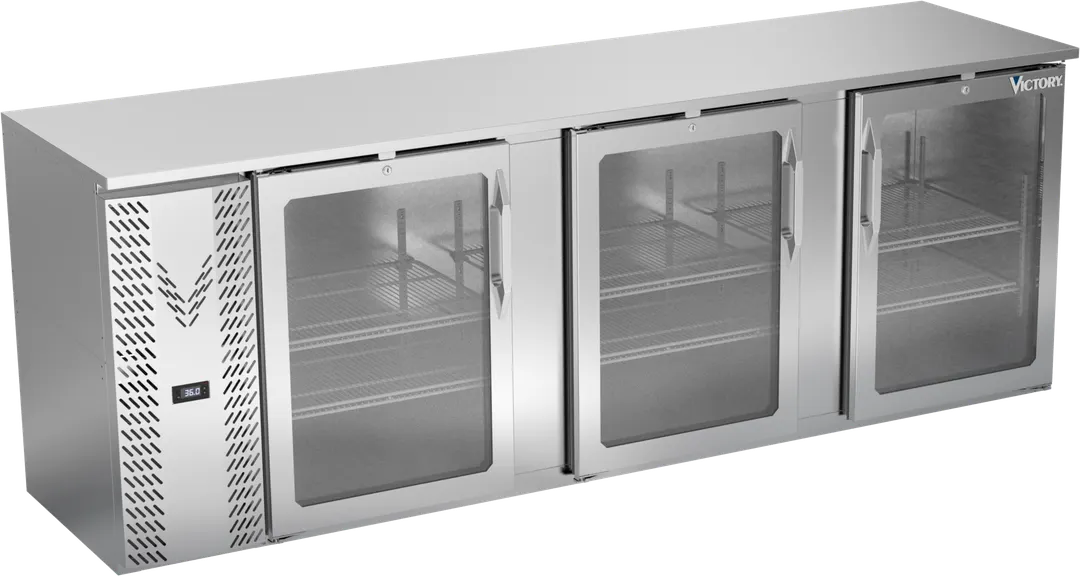 Victory VBBN94HC-G-S 94" Three-Section Back Bar Refrigerator, 27.191 cu. ft., Stainless Steel, Glass Doors