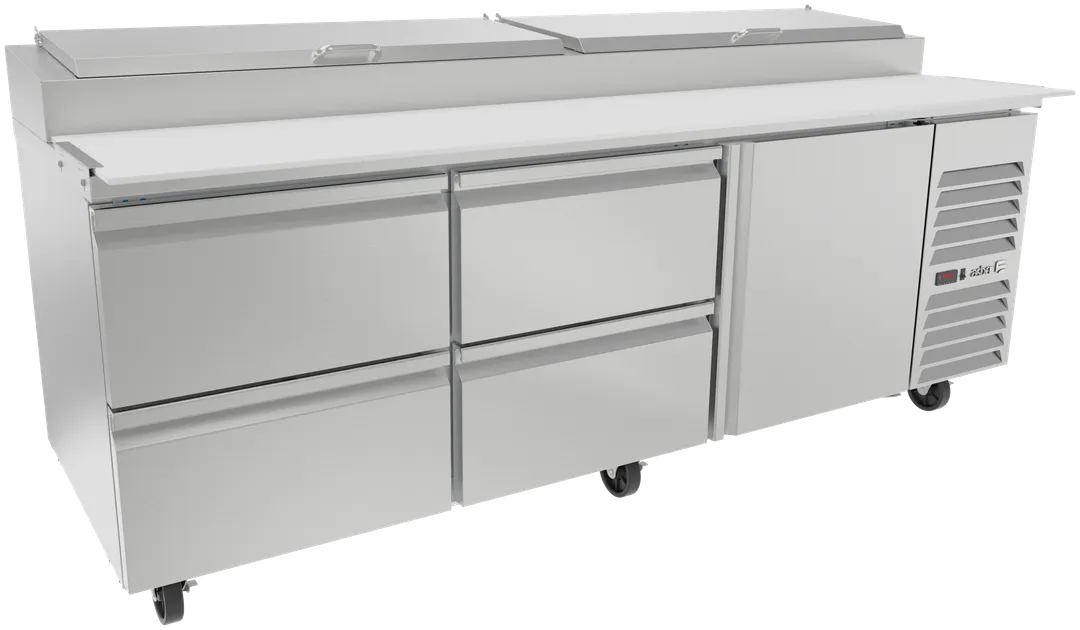 Asber APTP93 93" 3-Section Refrigerated Pizza Prep Table w/ 1 Door, 4 Drawers, 12 Pans