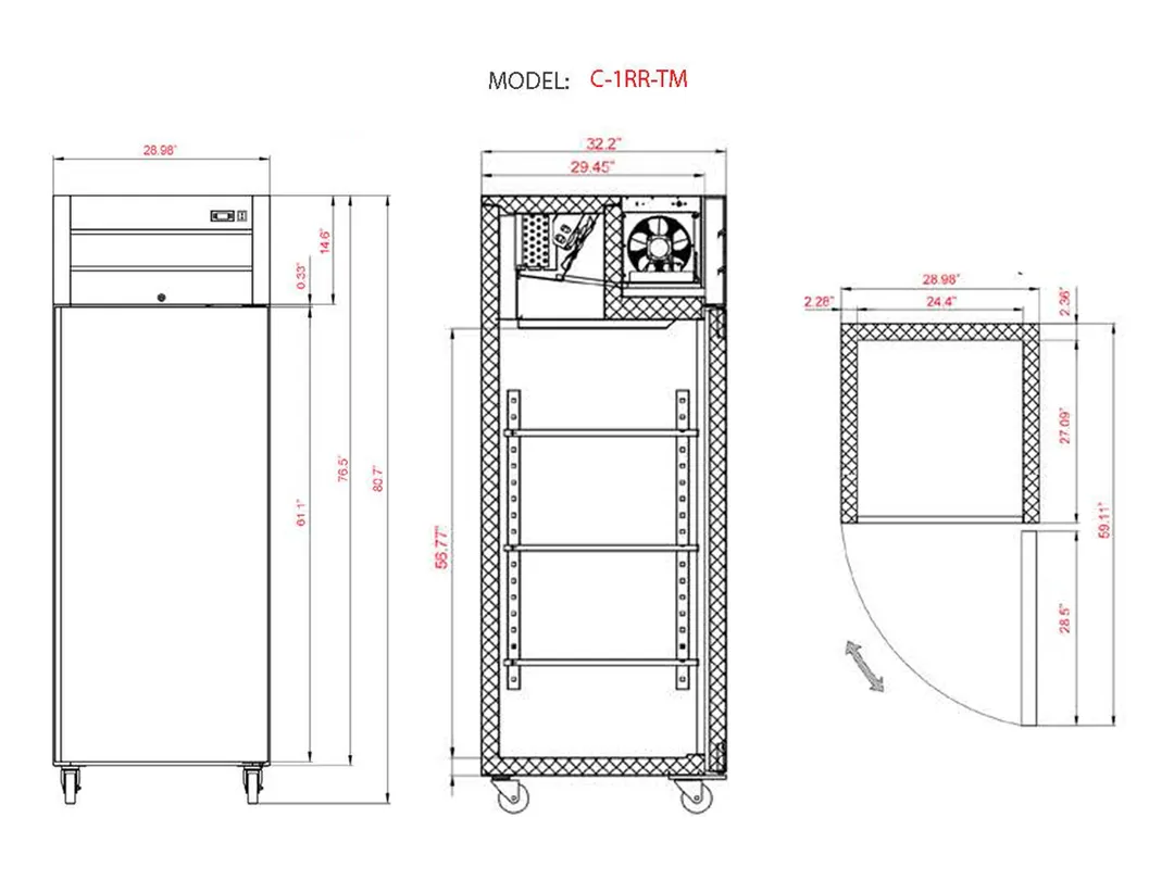 Coldline C-1RR-TM 29" 1-Solid Door Reach-In Refrigerator, 21.68 cu. ft., Top Mounted
