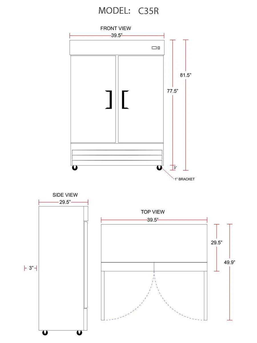 Coldline C35R 40" 2-Solid Door Reach-In Refrigerator, 27.6 cu. ft., Bottom Mounted