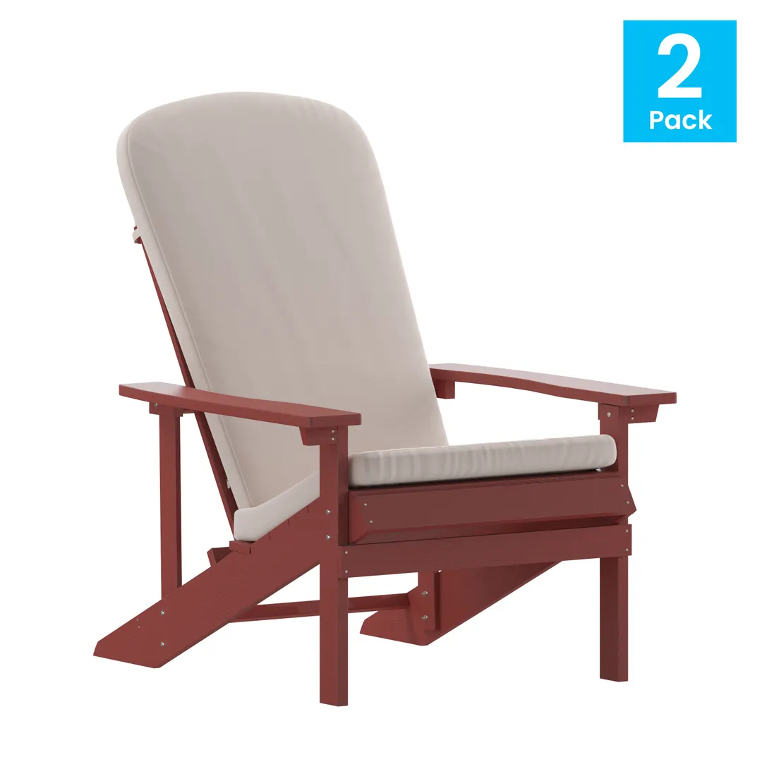 Flash Furniture 2-JJ-C14501-CSNCR-RED-GG Charlestown Adirondack Chair, All-Weather Poly Resin Wood, Red with Cream Cushions, Set