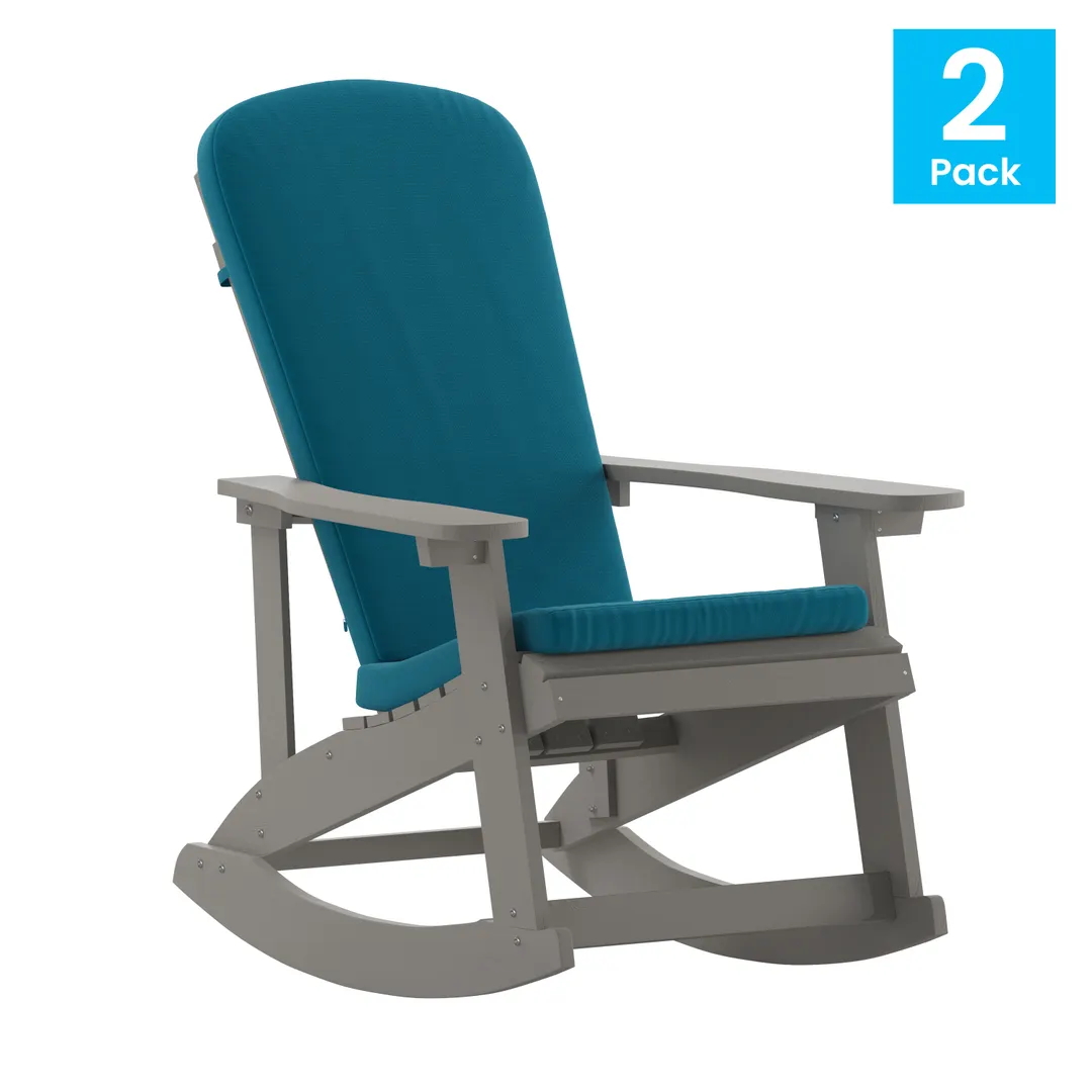 Flash Furniture 2-JJ-C14705-CSNTL-GY-GG Savannah Adirondack Rocking Chair, All-Weather Poly Resin Wood, Gray with Teal Cushions, Set