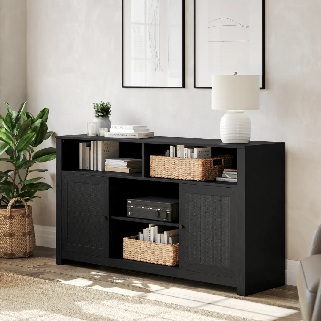 Flash Furniture EV-ET8114-ZZ-BLK-GG Malaki 58-inch Mid-Century Modern Buffet Sideboard, Black/Rattan, 15 Depth