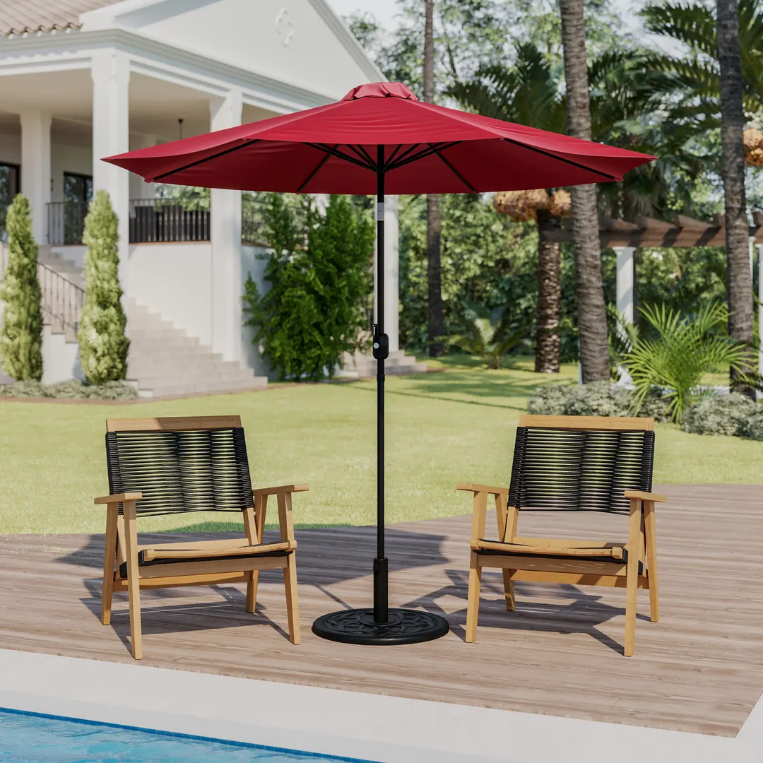Flash Furniture GM-402003-RED-GG 9 ft Round Patio Umbrella, Red Polyester Fabric, Aluminum Pole, Crank Lift