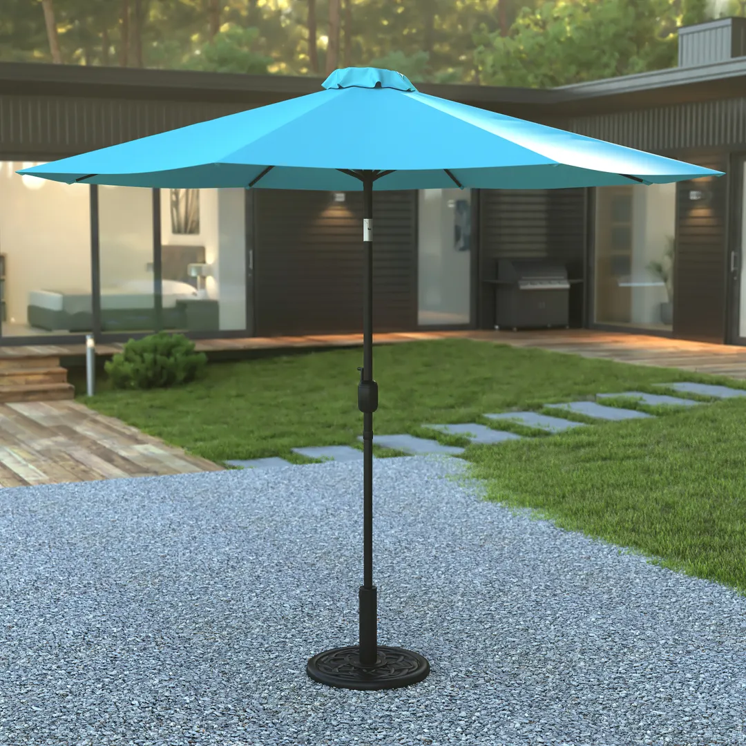 Flash Furniture GM-402003-UB19B-TL-GG 9ft Round Patio Umbrella, Teal Polyester Fabric, Aluminum Pole, Crank Lift, Tilt