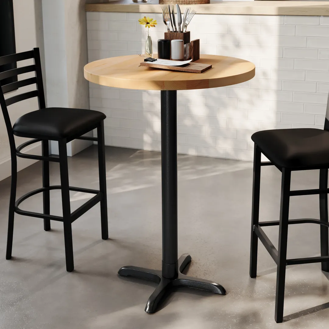 Flash Furniture GSF-RD30-NAT-T2222B-GG 30" Round Beech Wood Butcher Block Table Top, Natural Finish, Black Cast Iron X-Base