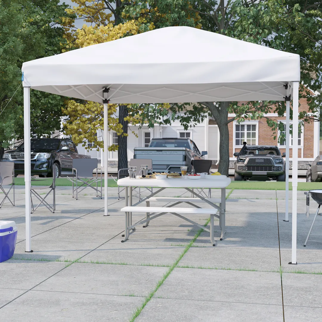 Flash Furniture JJ-GZ10103-WH-GG 10'x10' Pop-up Canopy Tent Set with Folding Bench and Table, White