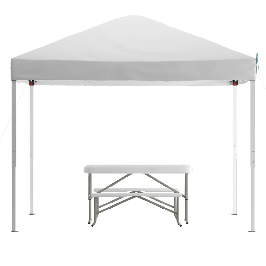 Flash Furniture JJ-GZ10103-WH-GG 10'x10' Pop-up Canopy Tent Set with Folding Bench and Table, White