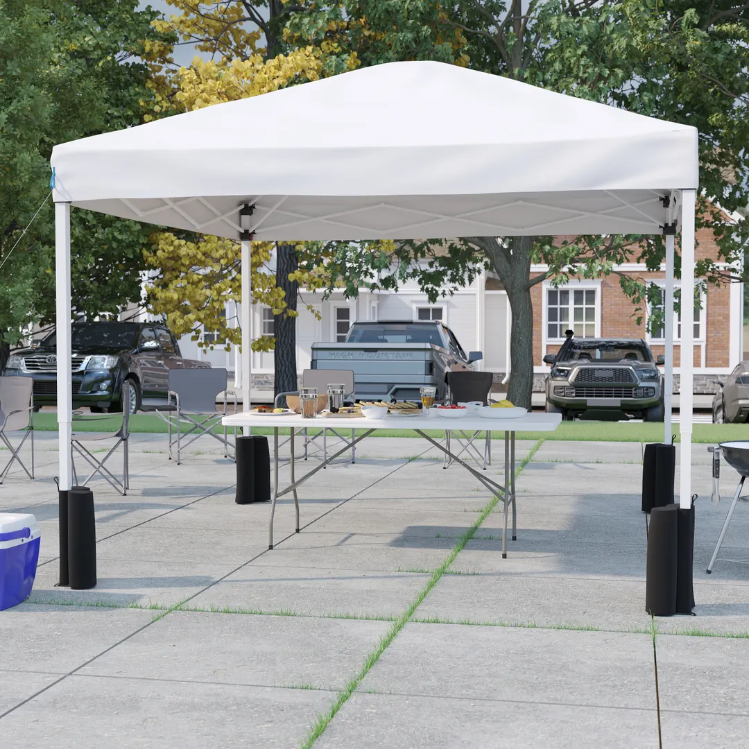 Flash Furniture JJ-GZ10PKG183Z-WH-GG 10'x10' White Pop-up Canopy Tent and 6' Folding Table Set with Wheeled Carry Case