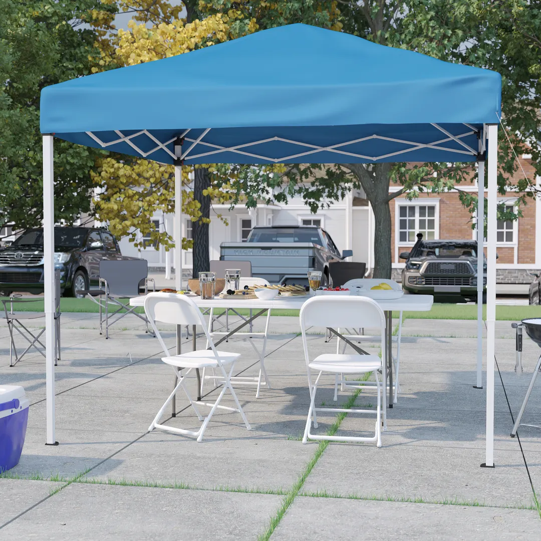 Flash Furniture JJ-GZ88183Z-4LEL3-BLWH-GG 8'x8' Blue Pop-up Canopy Tent with Table and 4 White Folding Chairs Set