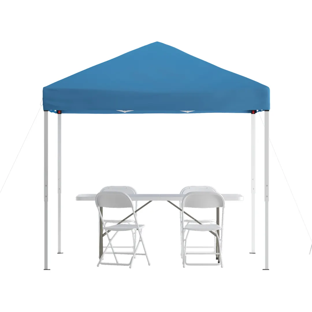 Flash Furniture JJ-GZ88183Z-4LEL3-BLWH-GG 8'x8' Blue Pop-up Canopy Tent with Table and 4 White Folding Chairs Set