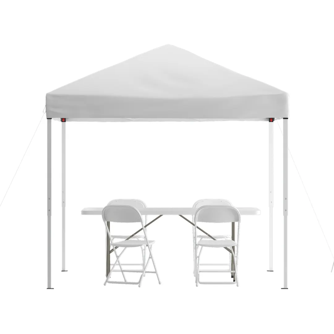 Flash Furniture JJ-GZ88183Z-4LEL3-WHWH-GG 8'x8' White Pop-up Canopy Tent with Table and 4 Chairs Set