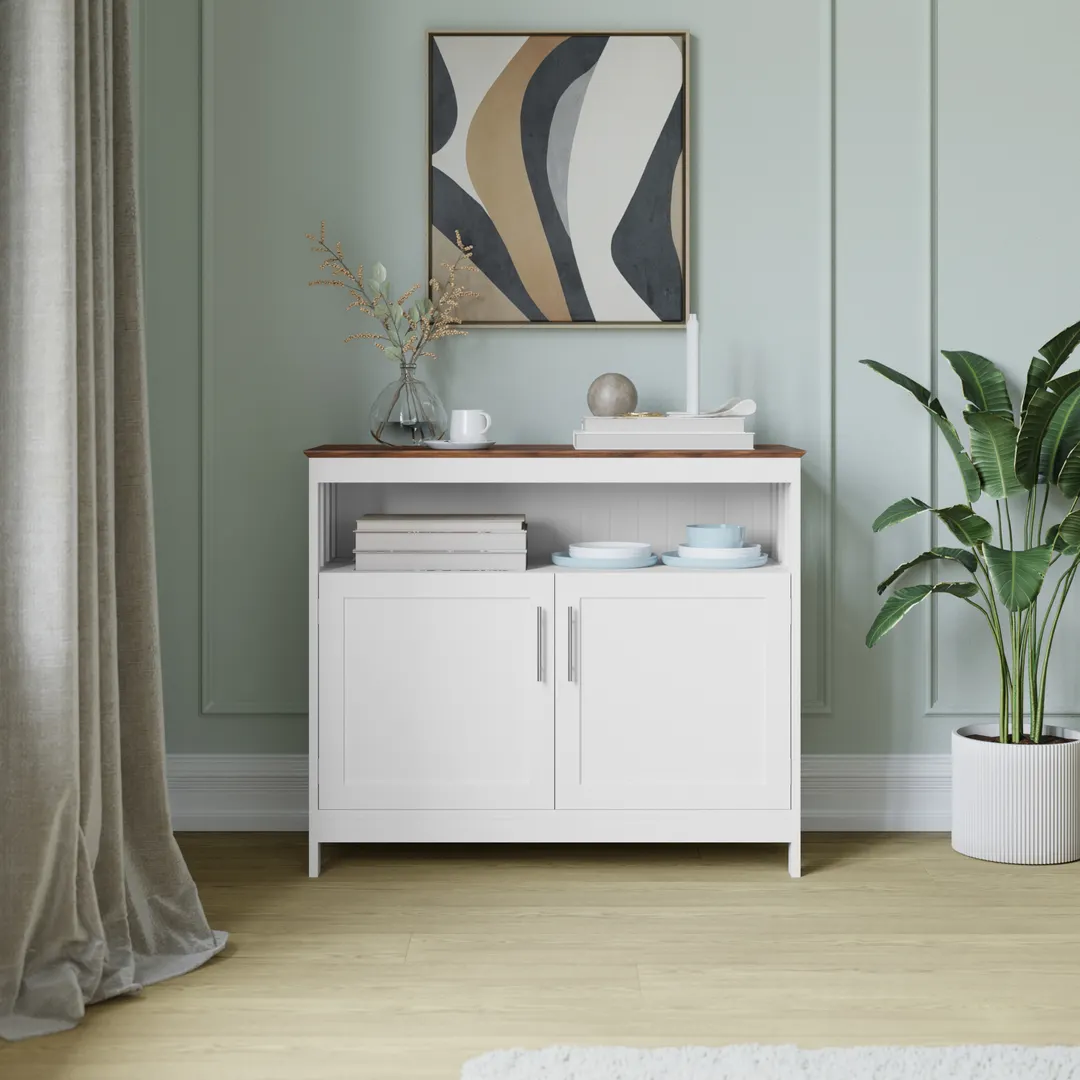 Flash Furniture NAN-F-HY-B23108-WHWAL-GG Mayfield Classic 40 Buffet Cabinet, White with Walnut Finish Top
