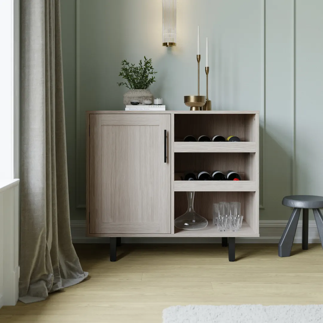 Flash Furniture NAN-F-HY-B23113-GRY-GG Elmont Classic Bar Cabinet, Gray, Shaker Style Single Door, Glass Storage