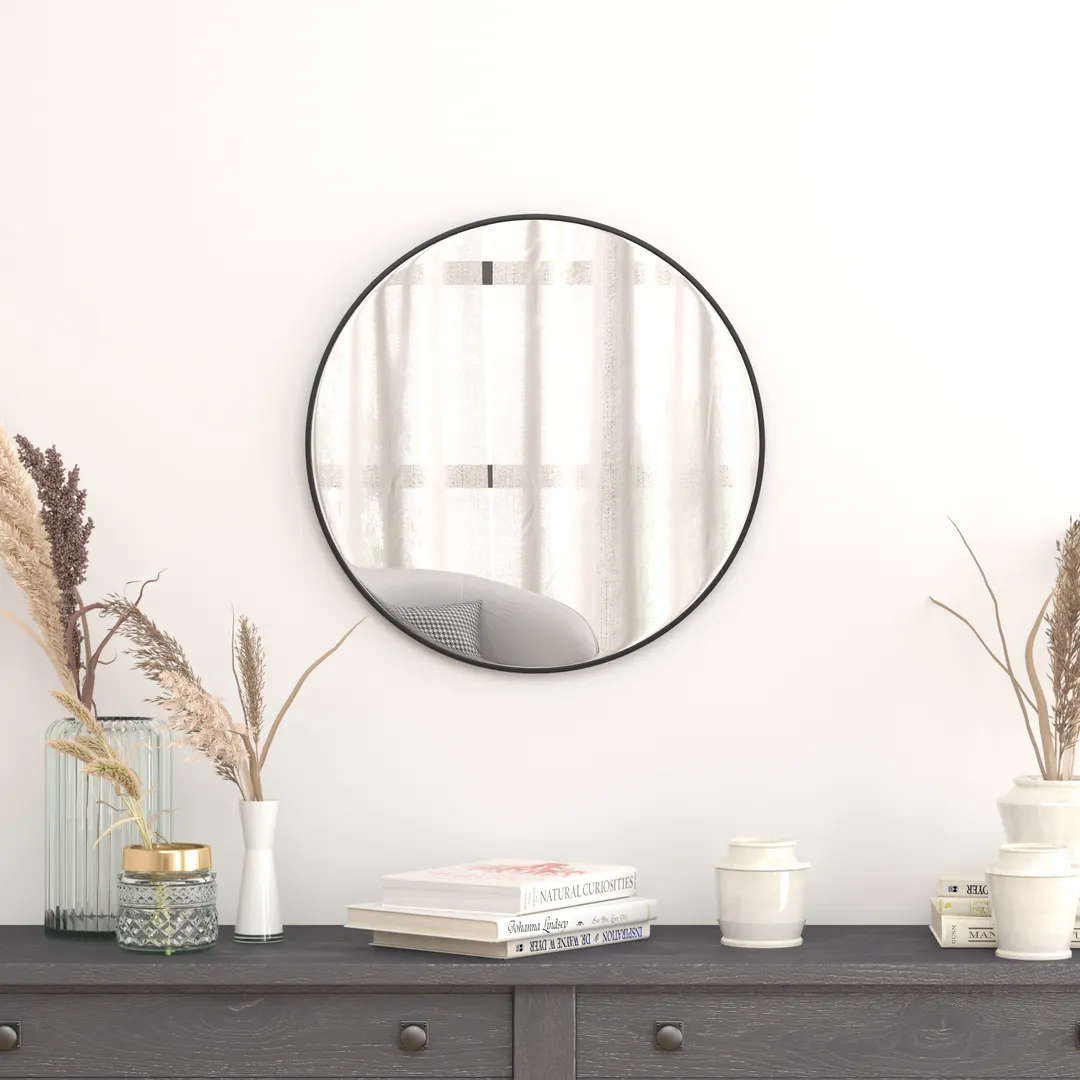 Flash Furniture RH-M003-RD60MB-BK-GG 24" Round Mirror, 4mm Silver-Backed Glass, Black Metal Frame