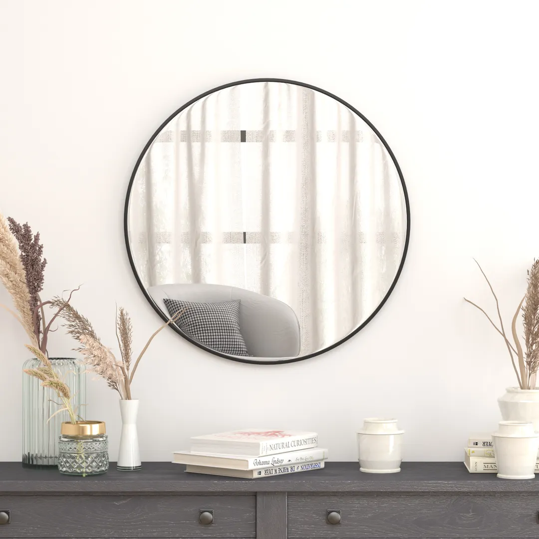 Flash Furniture RH-M003-RD76MB-BK-GG 30" Round Wall Mirror, 4mm Silver-Backed Glass, Black Metal Frame