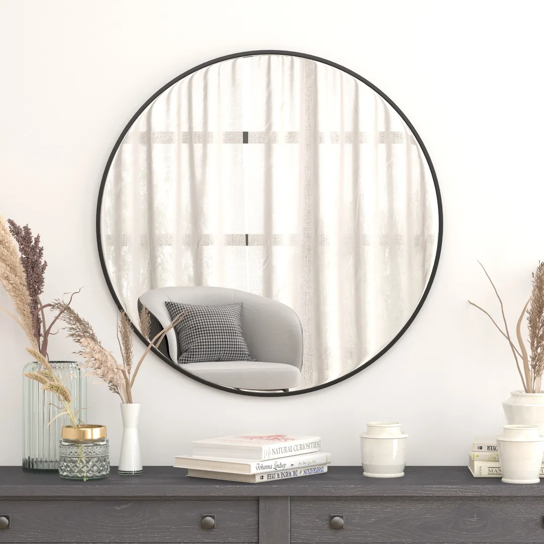 Flash Furniture RH-M003-RD91MB-BK-GG 36" Round Mirror, 4mm Silver-Backed Glass, Black Metal Frame