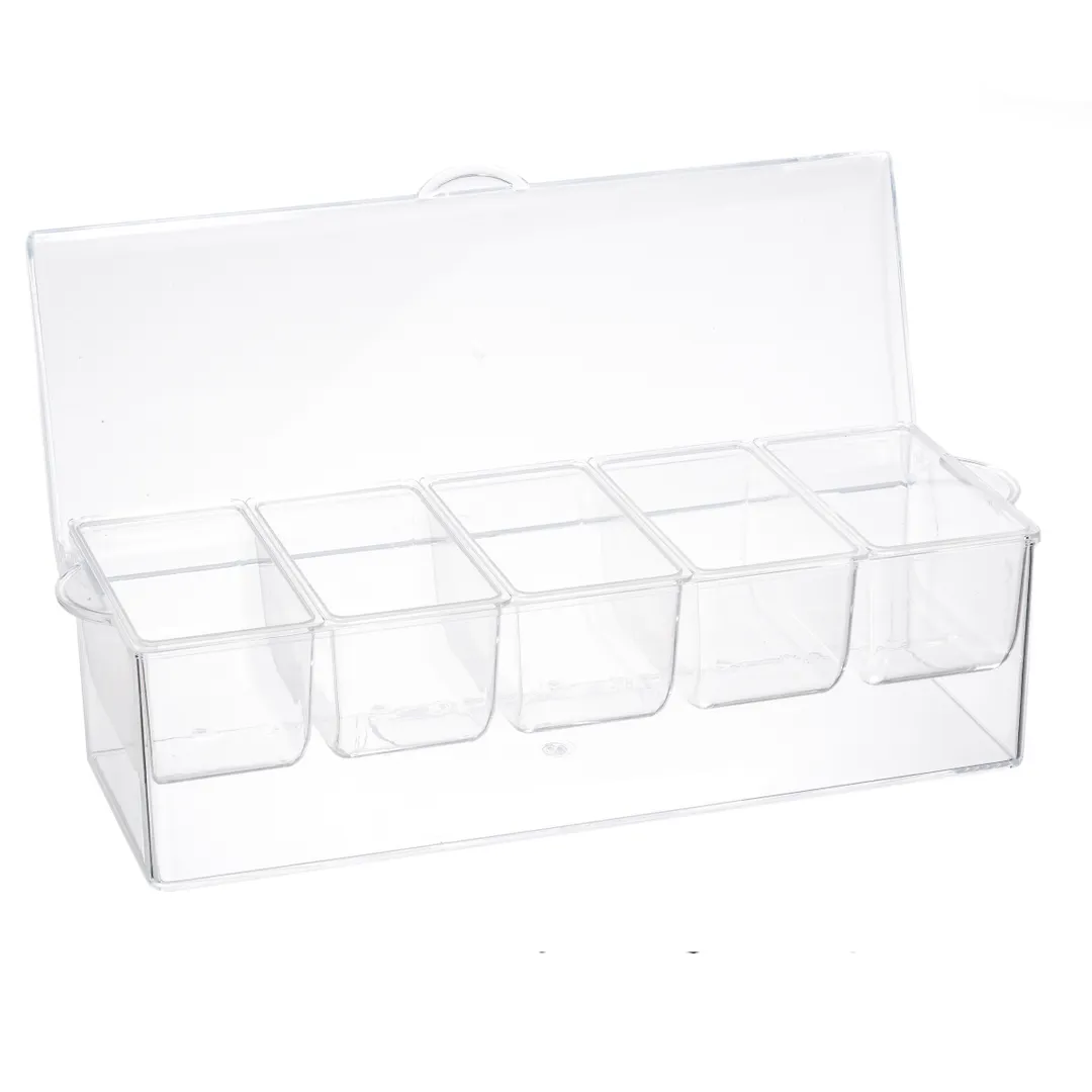 TableCraft 10007 Bar Condiment Holder, 16-1/8" x 6-1/4" x 5", 5 Clear Compartments, Plastic Base