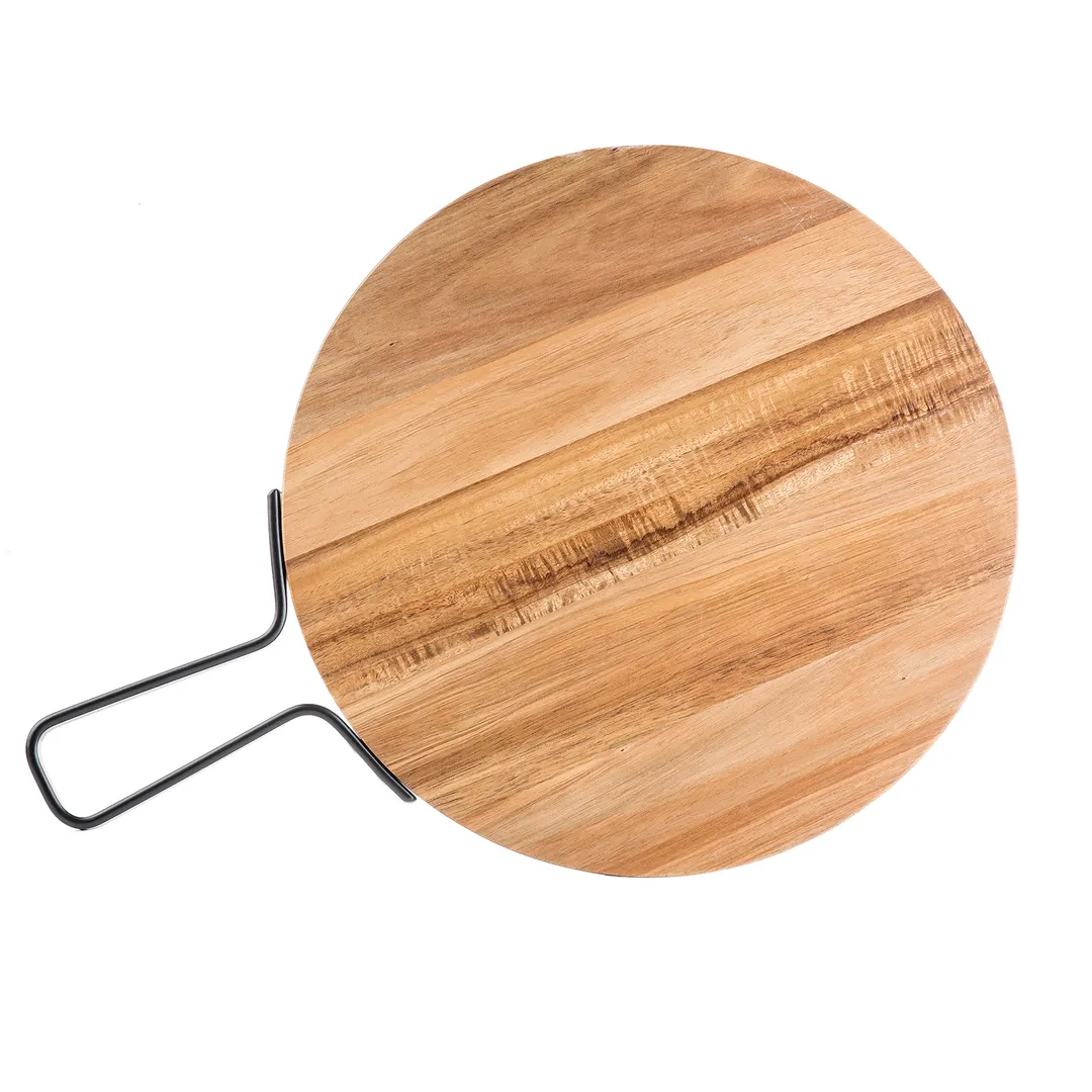 TableCraft 10079 Serving Tray – 10" Round Acacia Wood Paddle, Light Brown, Metal Banding, 3/5" H