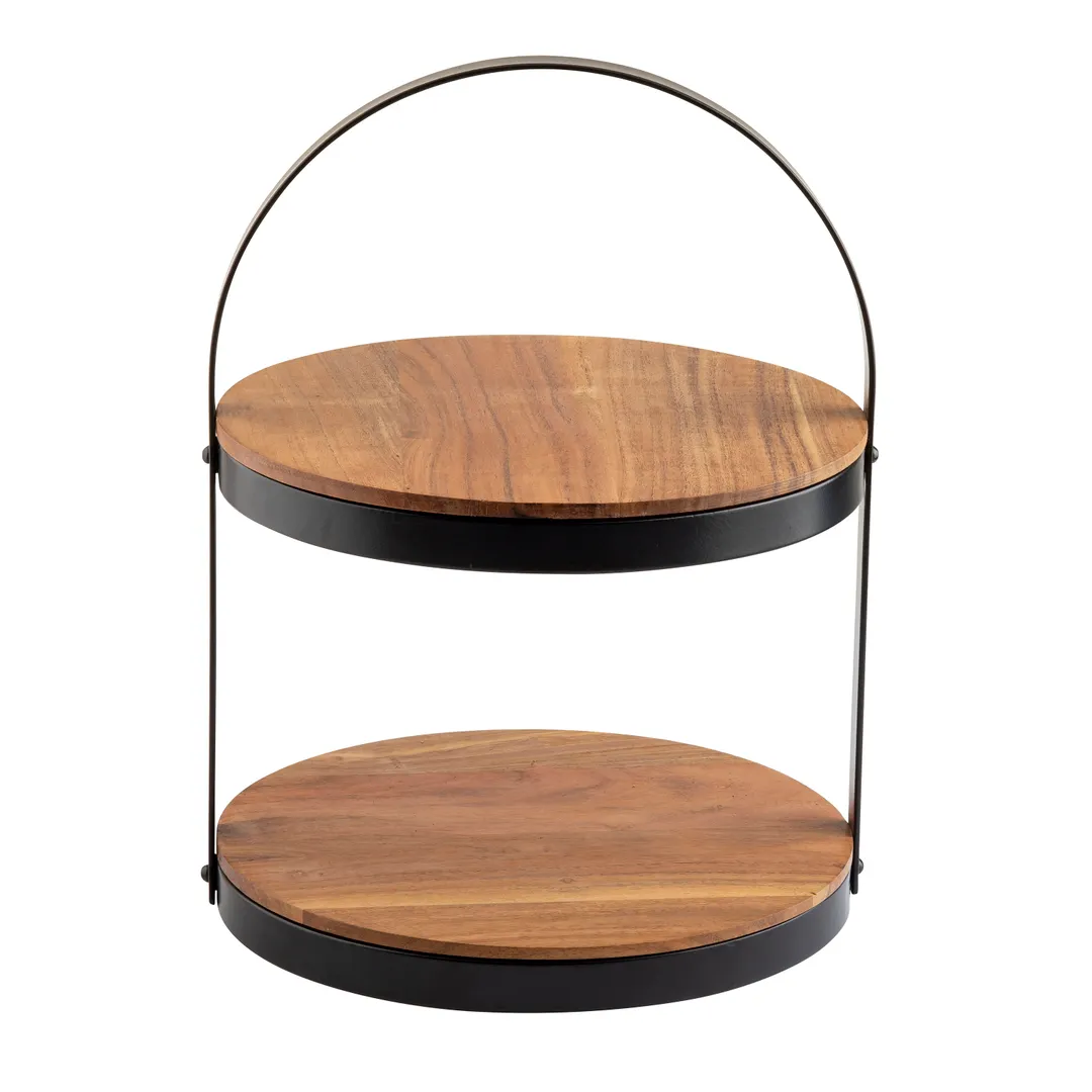 TableCraft 10719 - Two-Tier Acacia Wood Stand, 12" x 11-2/5" x 16", Powder-Coated Metal Frame