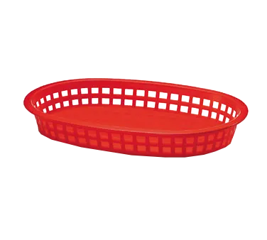 TableCraft 1076R - Oval Red Plastic Serving Basket, 10½" x 7¼" x 1½", Dishwasher Safe - 1/Each