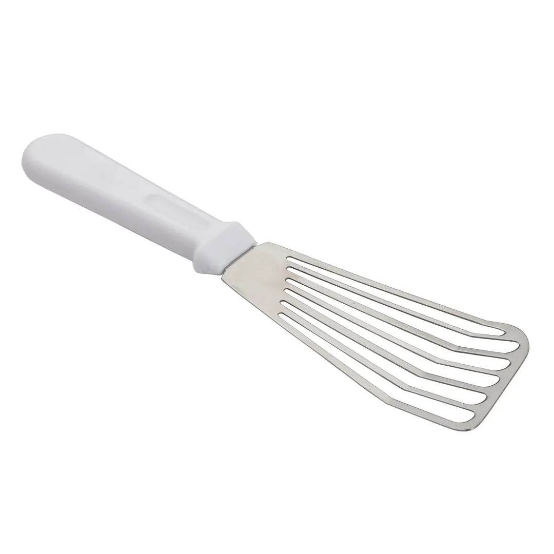 TableCraft 10944 Stainless Steel Fish Turner, 6" x 2-7/8" x 5/8", White Plastic Handle, Dishwasher Safe