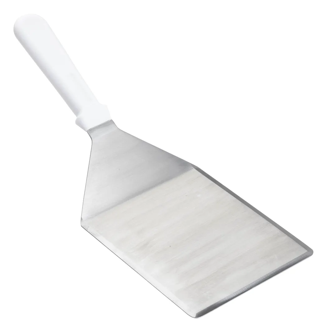 TableCraft 10945 Stainless Steel Turner, 13" x 5" x 4-1/2", White Plastic Handle, Dishwasher Safe