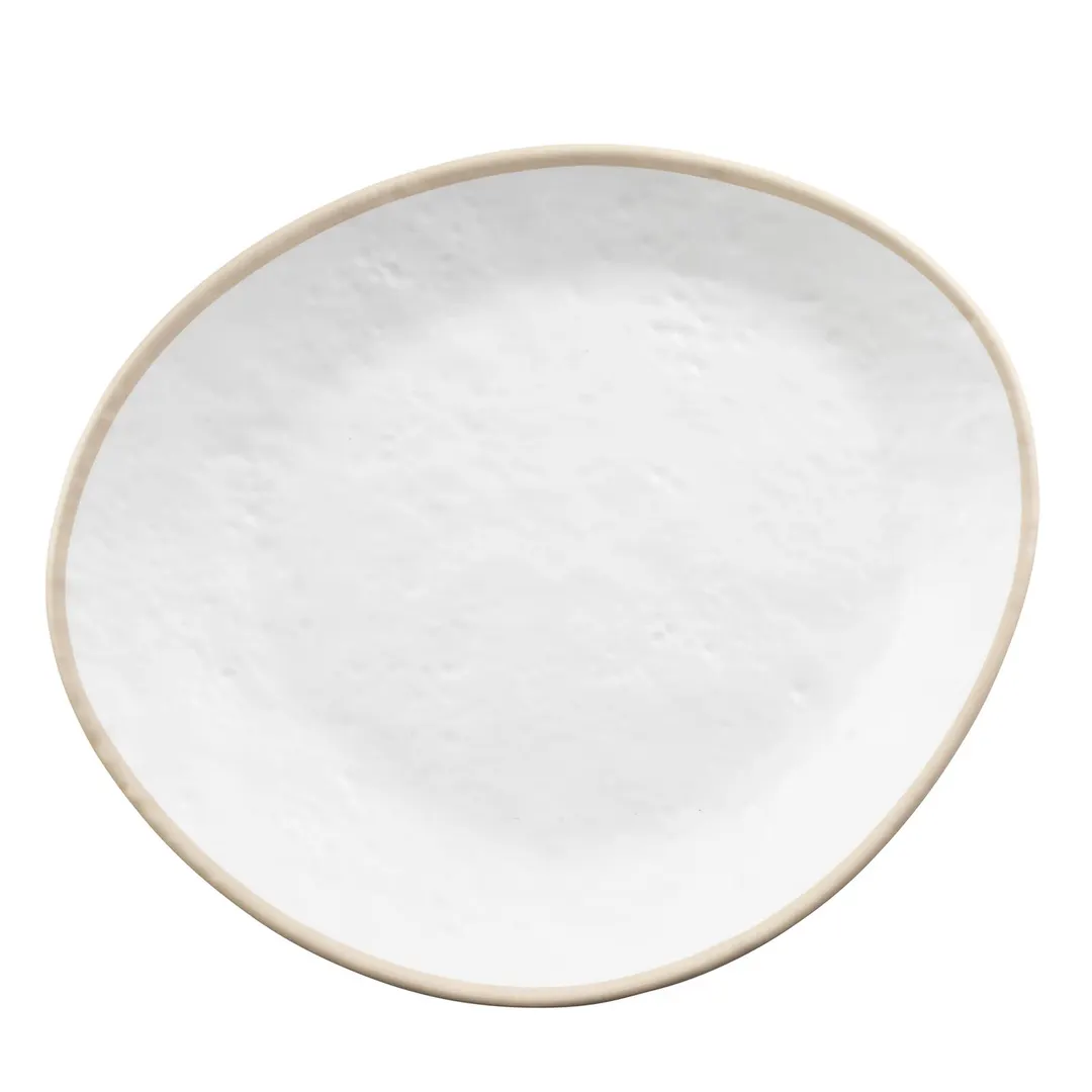 TableCraft 10967 Europa Freeform Plate, 10-1/2" x 9" x 1-1/8", White Stone Beige Rim, Dishwasher Safe