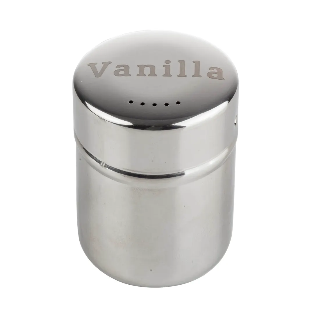 TableCraft Products 11053 Shaker, 6‑Ounce Vanilla Imprint, Stainless Steel, Finish, Perforated Top