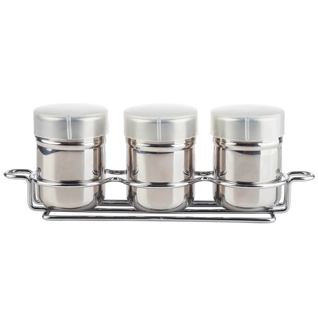 TableCraft Products 11054 - 3-Piece 6 oz Steel Shaker Set, Cinnamon Cocoa Nutmeg, Rack - 3/Set