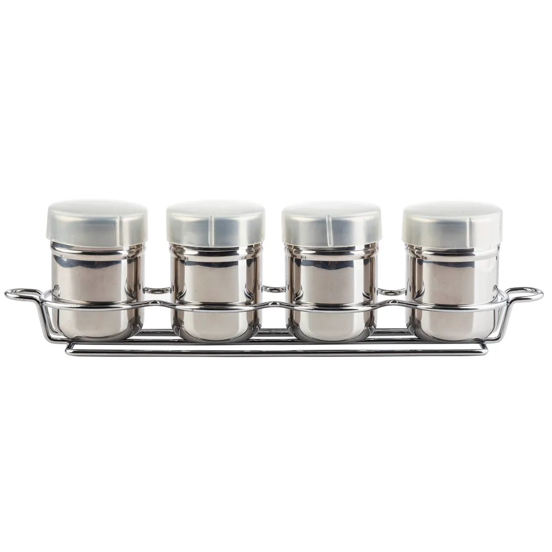 TableCraft Products 11055 - 4-Piece 6oz Stainless Steel Cheese & Spice Shakers, Chrome Rack, Set