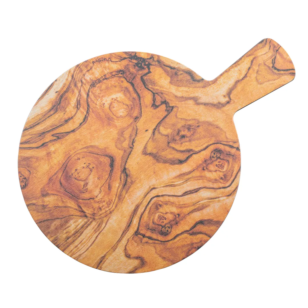 TableCraft Products 11183 - 10" Round Serving Tray, Melamine, Black, Olive Wood Decal, 4-1/2" Handle